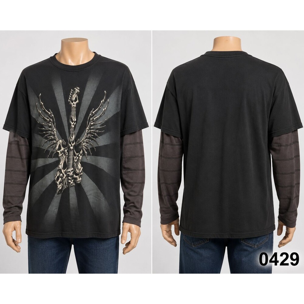 Y2K Hybrid Tees Faux Layered Skull Guitar T-Shirt sz L Striped Mallgoth- 0429